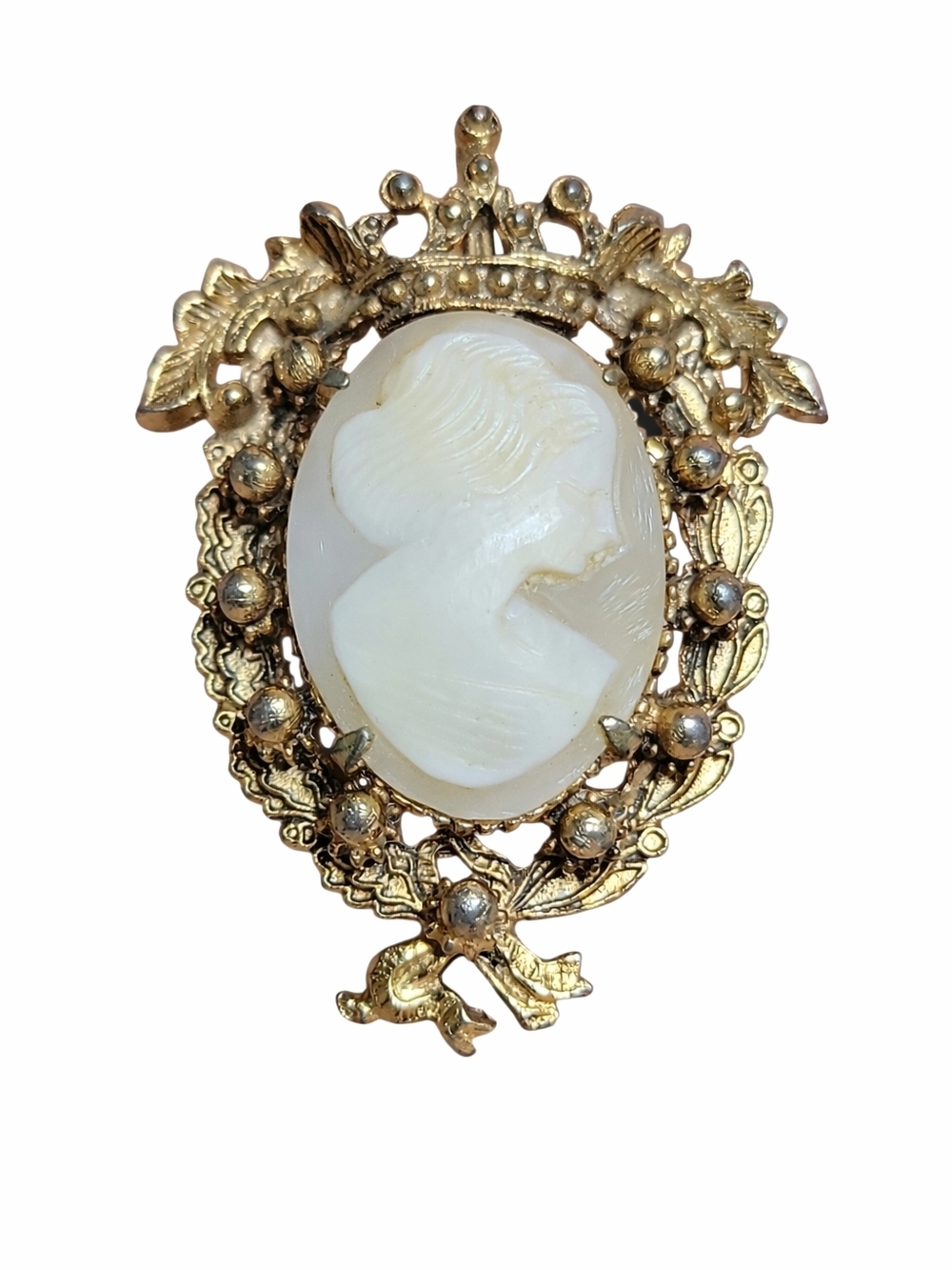 Vintage Florenza Shell Cameo Brooch Pendant Gold Tone Victorian Revival 2"